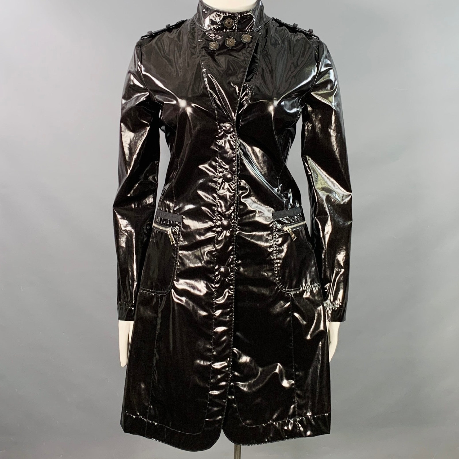 Emporio Armani 12 Black Polyester Cotton Epaulets Zip Pockets Hidden Snaps Coat